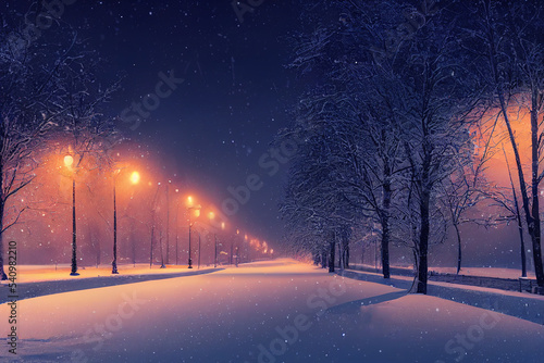 Landscape of snow winter with light background at night , digital art design, 3d rendering © Nuchylee