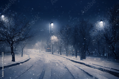 Landscape of snow winter with street light background at night , digital art design, 3d rendering © Nuchylee