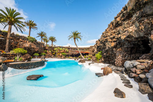Obraz na płótnie Amazing cave, pool, natural auditorium, salty lake designed by Cesar Manrique in volcanic tunnel called Jameos del Agua in Lanzarote, Spain w salonie