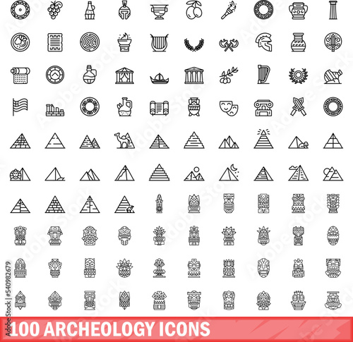 100 archeology icons set. Outline illustration of 100 archeology icons vector set isolated on white background