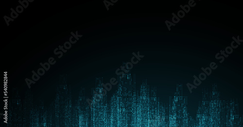 Cityscape on dark blue background with bright glowing neon. Technology city background