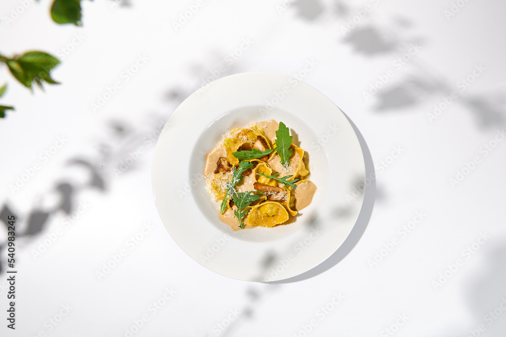 Italian ravioli with meat and mushroom sauce on white plate. Meat tortellini with creamy sauce in summer menu with shadows of tree leaves Ravioli stuffed beef in elegant style Italian ravioli with meat and mushroom sauce on white plate. Meat tortellini with creamy sauce in summer menu with shadows of tree leaves Ravioli stuffed beef in elegant style