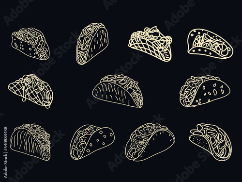 hand drawn taco outline icon set .taco food line art doodle illustration