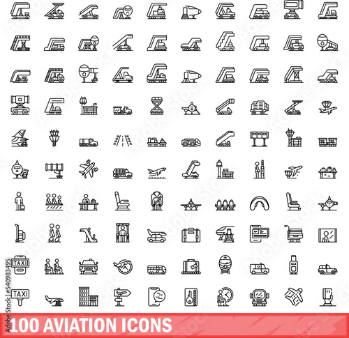 100 aviation icons set. Outline illustration of 100 aviation icons vector set isolated on white background