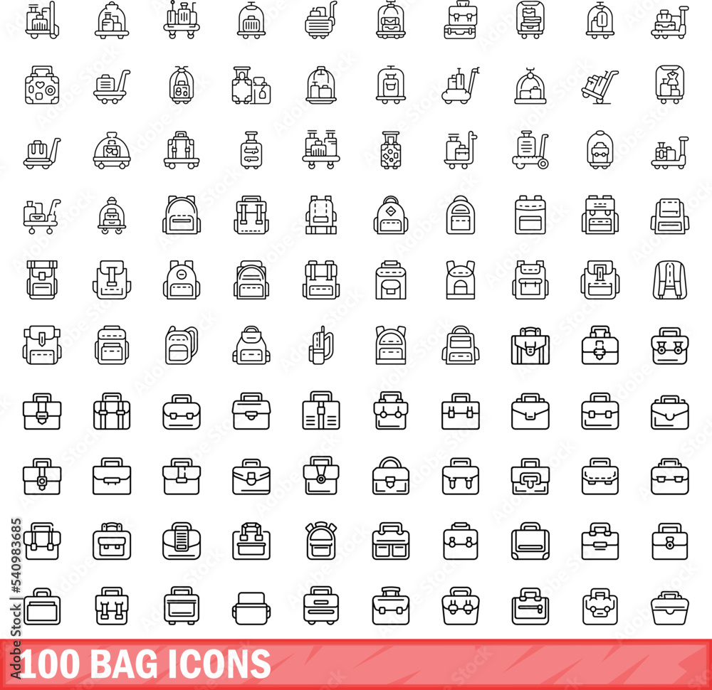 100 bag icons set. Outline illustration of 100 bag icons vector set isolated on white background 100 bag icons set. Outline illustration of 100 bag icons vector set isolated on white background