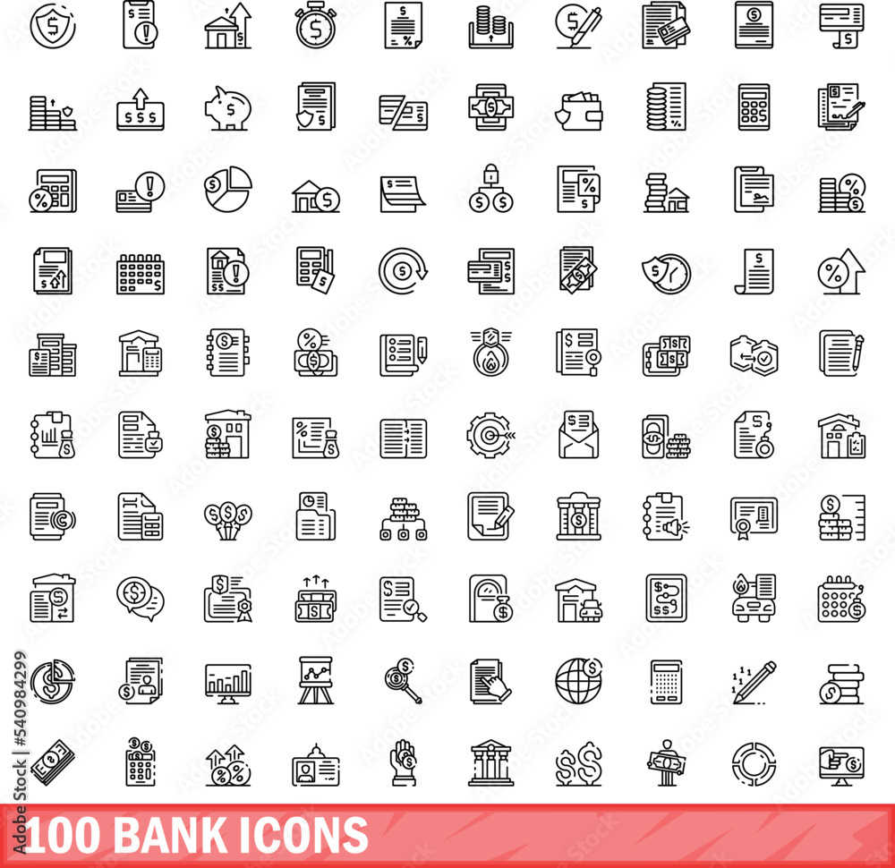 100 bank icons set. Outline illustration of 100 bank icons vector set isolated on white background 100 bank icons set. Outline illustration of 100 bank icons vector set isolated on white background