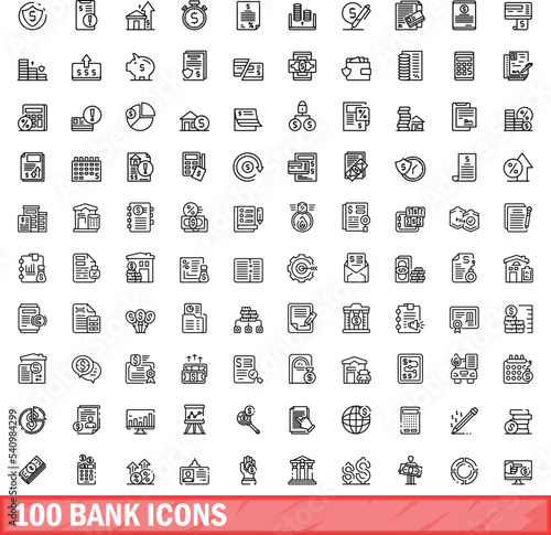100 bank icons set. Outline illustration of 100 bank icons vector set isolated on white background
