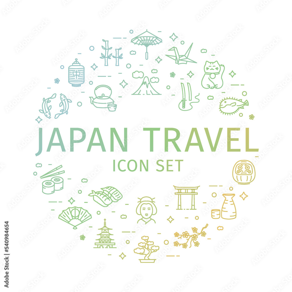 Japan Travel and Tourism Round Design Template Thin Line Icon Concept. Vector