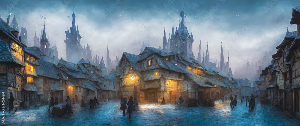 Obraz premium Painting of an old small town, houses in background