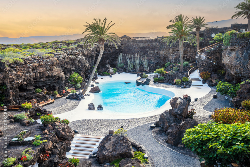 Amazing cave, pool, natural auditorium, salty lake designed by Cesar Manrique in volcanic tunnel called Jameos del Agua in Lanzarote, Spain