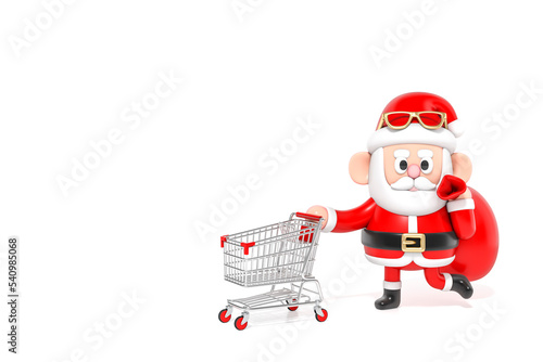 Santa Claus 3D cartoon character  carrying giant red bag pushing shopping cart on white background 3d rendering. 3d illustration celebration christmas and cute new year festive design concept. © Ongushi