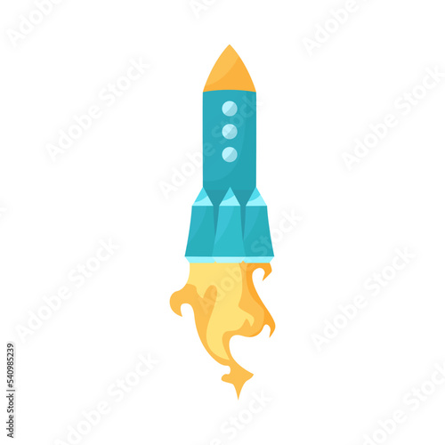 Blue reactive rocket with orange jet steam cartoon illustration. Colorful missile taking off, space ship firing flame and fire isolated on white background. Flight, speed concept