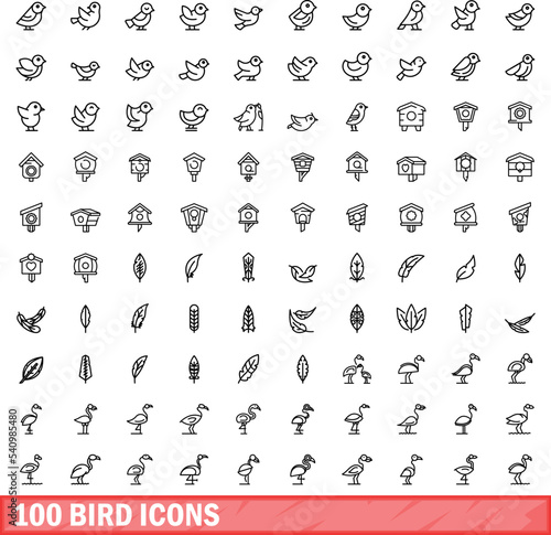 100 bird icons set. Outline illustration of 100 bird icons vector set isolated on white background