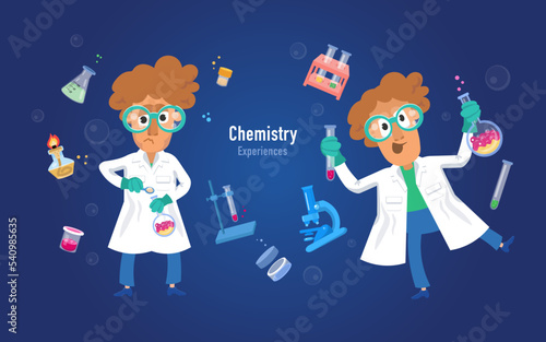 Scientist chemist among the objects. Microscope with mirror in cartoon flat style. Tools for laboratory and medical experiments. Vector isolated illustration in for design.
