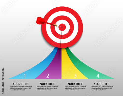 Red dart hit to center of dartboard with arrow for infographic. Arrow on target. Business success, investment goal, marketing challenge, financial strategy, purpose achievement, focus ideas concept.