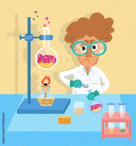 Scientist chemist among objects. Tools in lab in cartoon flat style. Medical experiments. Vector illustration.