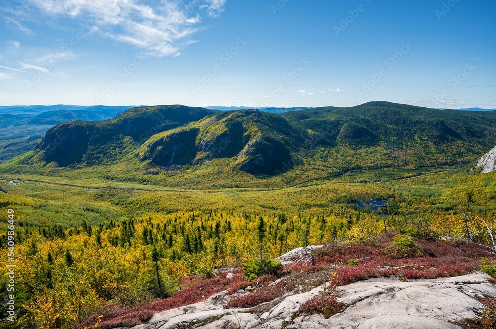 Obraz premium Colors landscape, hills and trees covered in colorful leaves in Grands-Jardins national park, Canada