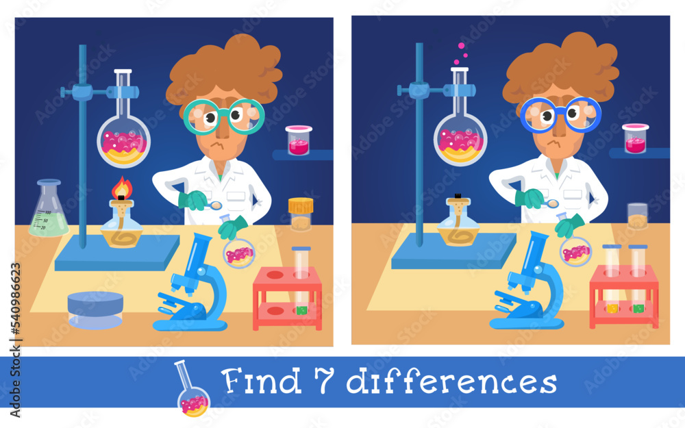 Educational game, puzzle for children. Find 7 differences. Scientist chemist among objects. Tools in lab in cartoon flat style. Vector illustration. Educational game, puzzle for children. Find 7 differences. Scientist chemist among objects. Tools in lab in cartoon flat style. Vector illustration.