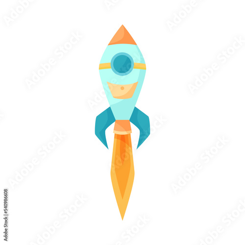 Blue and orange spaceship firing flame cartoon illustration. Colorful missile taking off, space ship launch with jet steam isolated on white background. Flight, speed concept