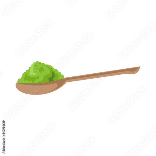 Spoonful of matcha powder. Spoon with ground powder of matcha. Vector illustration isolated on white background. Food, culture concept.