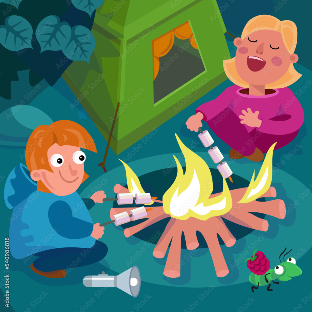 Children with marshmallows by fire in forest. Hike in woods. Cute characters near tent. Scene for design. Vector illustration. Children with marshmallows by fire in forest. Hike in woods. Cute characters near tent. Scene for design. Vector illustration.