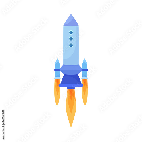 Blue or purple rocket with orange jet steam cartoon illustration. Colorful missile taking off, space ship firing flame and fire isolated on white background. Flight, speed concept