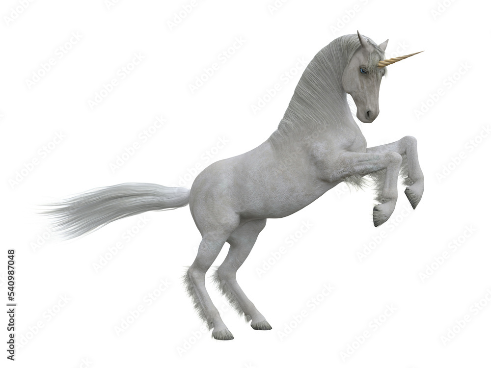 White unicorn rearing up on hind legs. Fairytale creature 3d