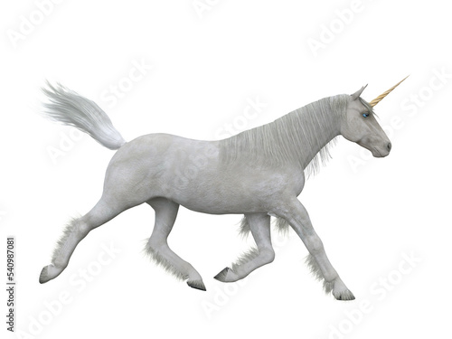 White unicorn cantering. Fairytale creature 3d illustration isolated on transparent background.