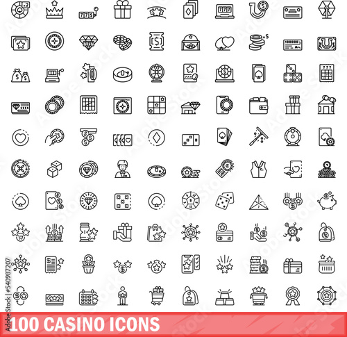 100 casino icons set. Outline illustration of 100 casino icons vector set isolated on white background