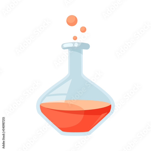 Cartoon flask with orange liquid and bubbles. Using glass flasks for conducting chemical analysis or experiment and making potion. Lab equipment, laboratory, chemistry concept