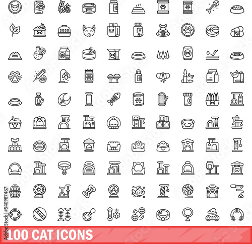 100 cat icons set. Outline illustration of 100 cat icons vector set isolated on white background