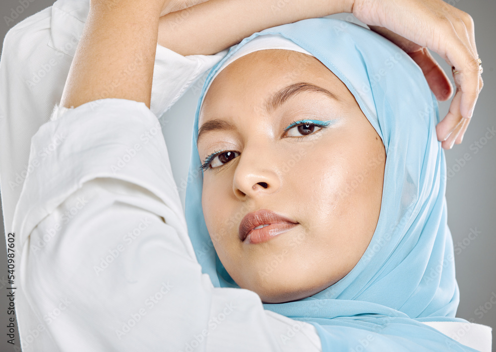 Muslim, woman and face in beauty makeup or cosmetics with hijab