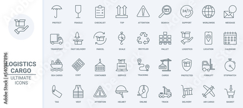 Worldwide delivery support service, logistics and transport thin line icons set vector illustration. Outline truck, ship for fast shipment of freight parcels, crane and forklift, umbrella and shield