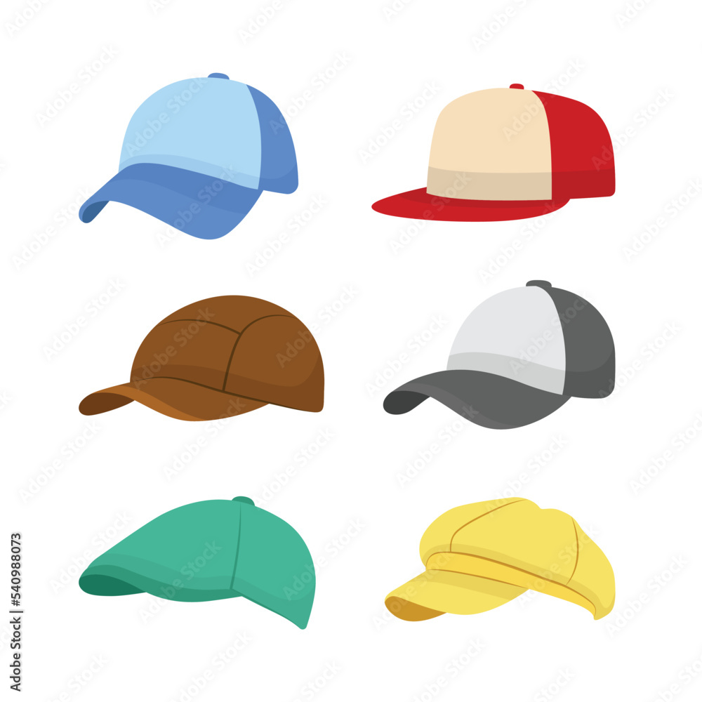 Side view of different caps vector illustrations set Side view of different caps vector illustrations set