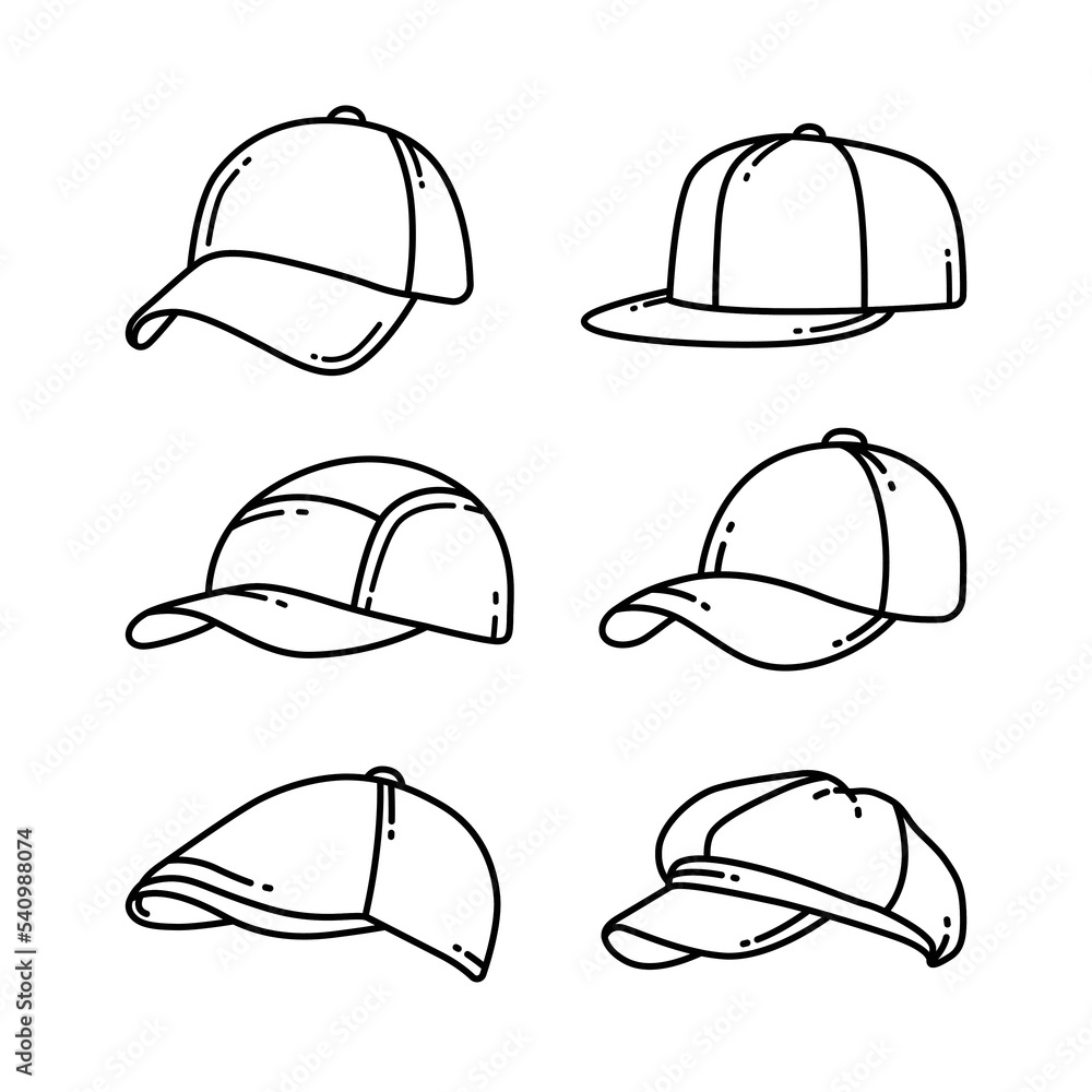 Side view of different caps doodle vector illustrations set Side view of different caps doodle vector illustrations set