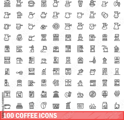 100 coffee icons set. Outline illustration of 100 coffee icons vector set isolated on white background