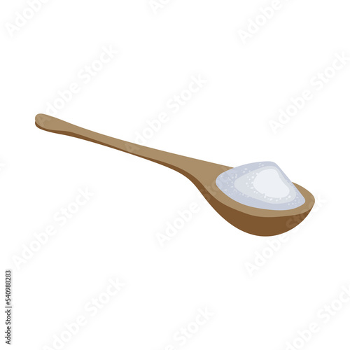 Wooden spoon with sugar. Spoonful of white granulated sugar. Vector illustration isolated in white background. Sweet food, sucrose concept.
