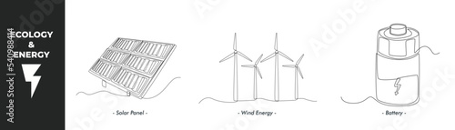 Single one line drawing energy and ecology concept set. Solar panel, wind energy and and Battery. Continuous line draw design graphic vector illustration.