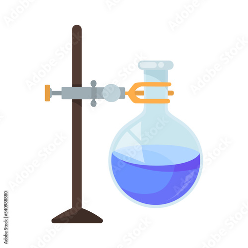 Cartoon round flask on support ring stand with blue liquid. Using glass flasks for conducting chemical analysis or experiment and making potion. Lab equipment, laboratory, chemistry concept