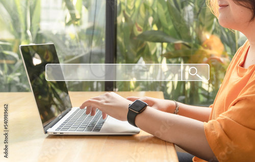 Search engine optimization, data search technology concept. Hands using laptop computer for searching, finding information, job on online internet website. Using internet web browser to search data.