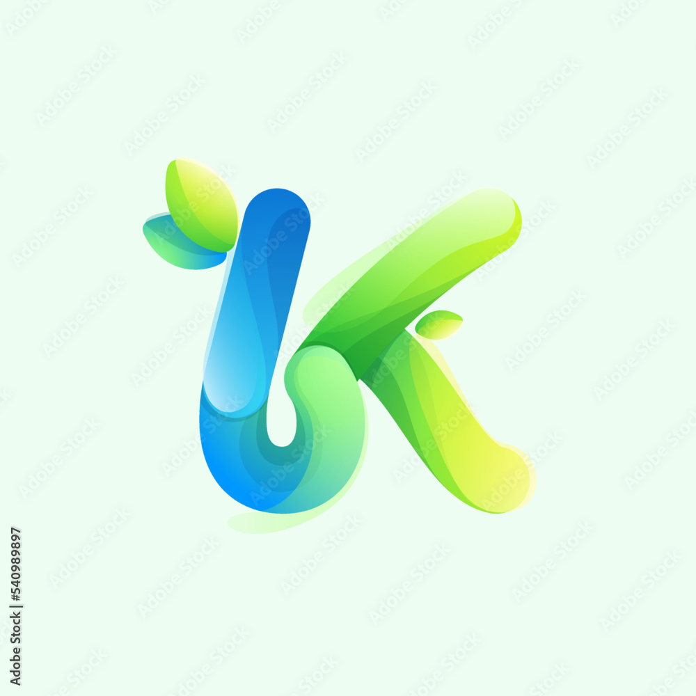 Letter K eco logo with gradient lines with green leaf. Environment friendly icon made of overlapping parts. Letter K eco logo with gradient lines with green leaf. Environment friendly icon made of overlapping parts.