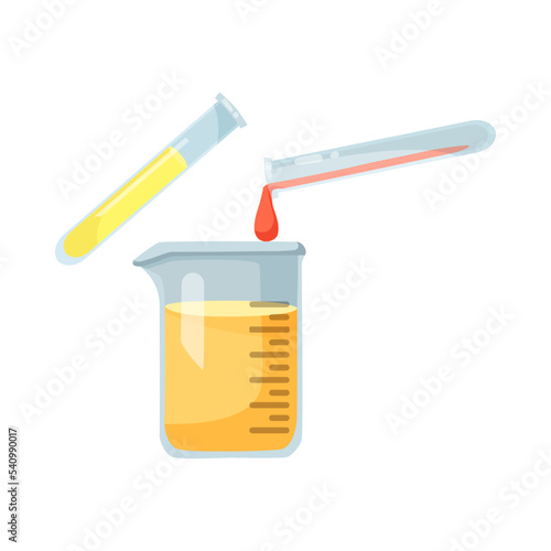 Pouring orange liquid from test tube into beaker with yellow liquid. Using glass flasks for conducting chemical analysis or experiment and making potion. Lab equipment, laboratory, chemistry concept