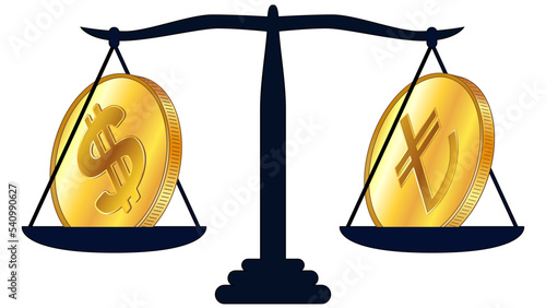 Gold coin of American Dollar USD and Turkish Lira TRY on scales isolated on white background. Laws on digital assets CBDC. Design element.