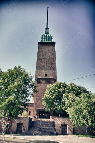Helsinki, Finland, February 2018 - A clock tower in front of a building