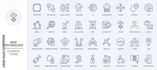 Technology of future thin line icons set vector illustration. Outline modern innovations for smart home digitization, AI and neural network, robots and drones, security service for digital data