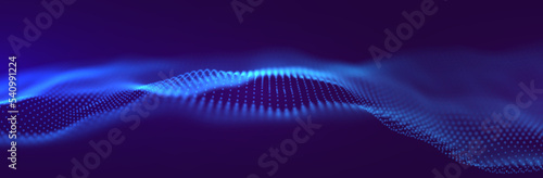 Dynamic blue particle wave. Abstract sound visualization. Flow digital structure. Mesh landscape or grid data technology.