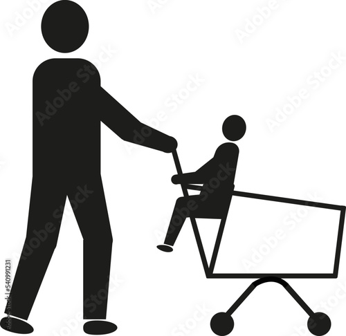 Panneau de silhouettes d'homme avec enfant assis indiquant la bonne position dans un chariot servant au shopping