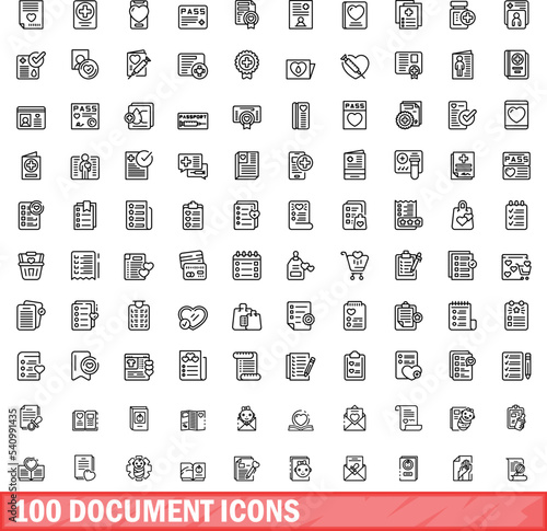 100 document icons set. Outline illustration of 100 document icons vector set isolated on white background
