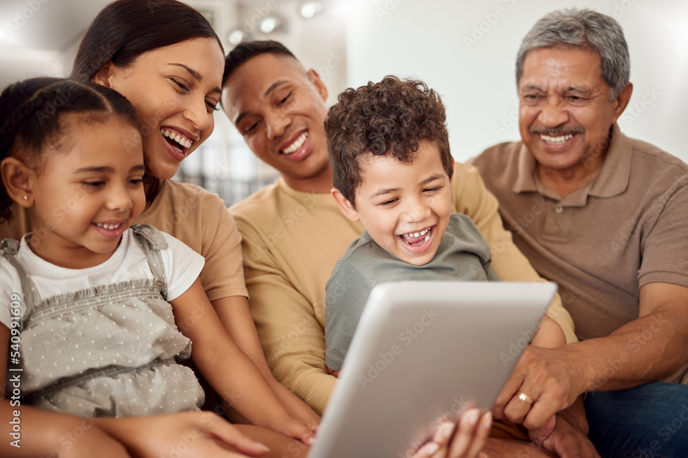 Parents, children and grandfather with tablet on sofa in house or family home living room for zoom call, internet game or streaming. Smile, happy and bonding woman, men and kids with movie technology Parents, children and grandfather with tablet on sofa in house or family home living room for zoom call, internet game or streaming. Smile, happy and bonding woman, men and kids with movie technology