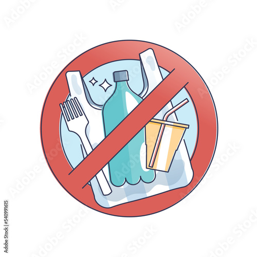 Say no to plastic bags, bottles and cutlery to stop waste outline concept. Prohibition sign with disposable fork, packaging and cups vector illustration. Pollution problem with polystyrene usage.